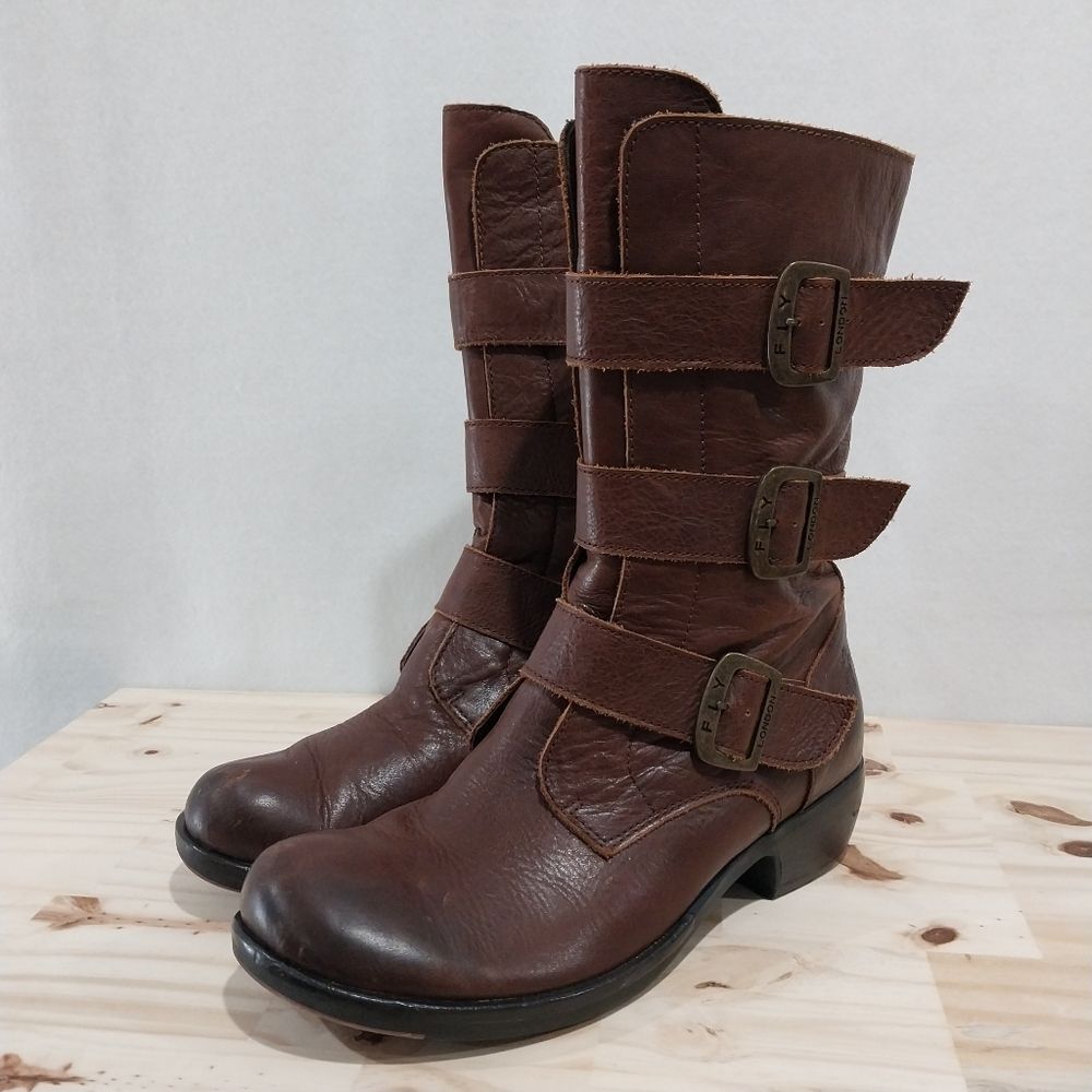 Fly London Boots Moto Combat Women's Size 40 Brown Leather Buckle Grunge Boho - Picture 3 of 14
